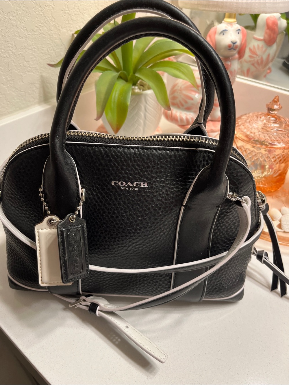 Coach Black Pebbled Leather Satchel with White Trim and Silver Hardware